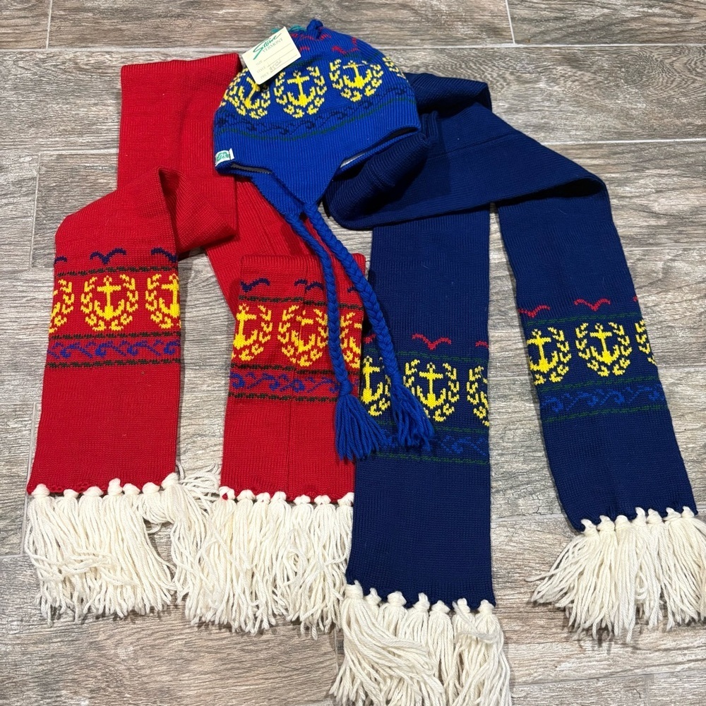 Vtg 100% Wool Handknit Scarf Hat Set Red Blue Nautical‎ Tassel Fringe Vermont